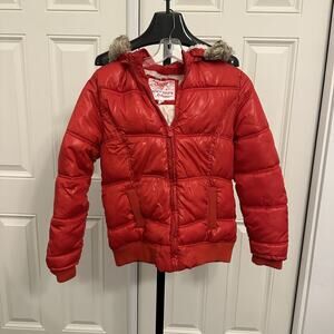 Justice Follow Your Dream Kids Faux Fur Lined Zip Up Puffer Coat Red Size 14